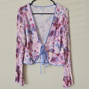 Free People Floral Tie-Front Blouse in Pink and Blue